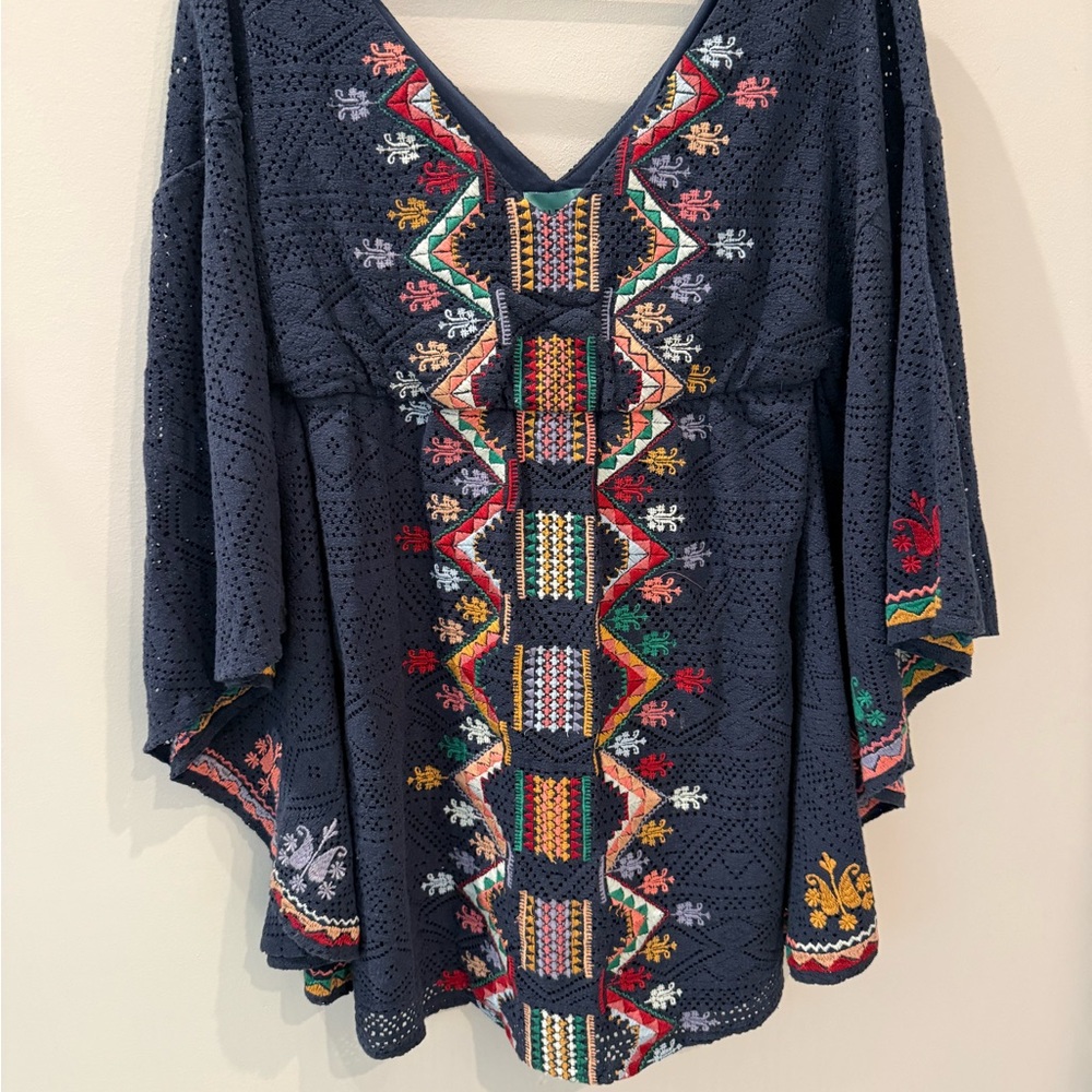 Judith March Cotton Navy Embroidered V-Neck 3/4 Sleeve Tunic Blouse Size L